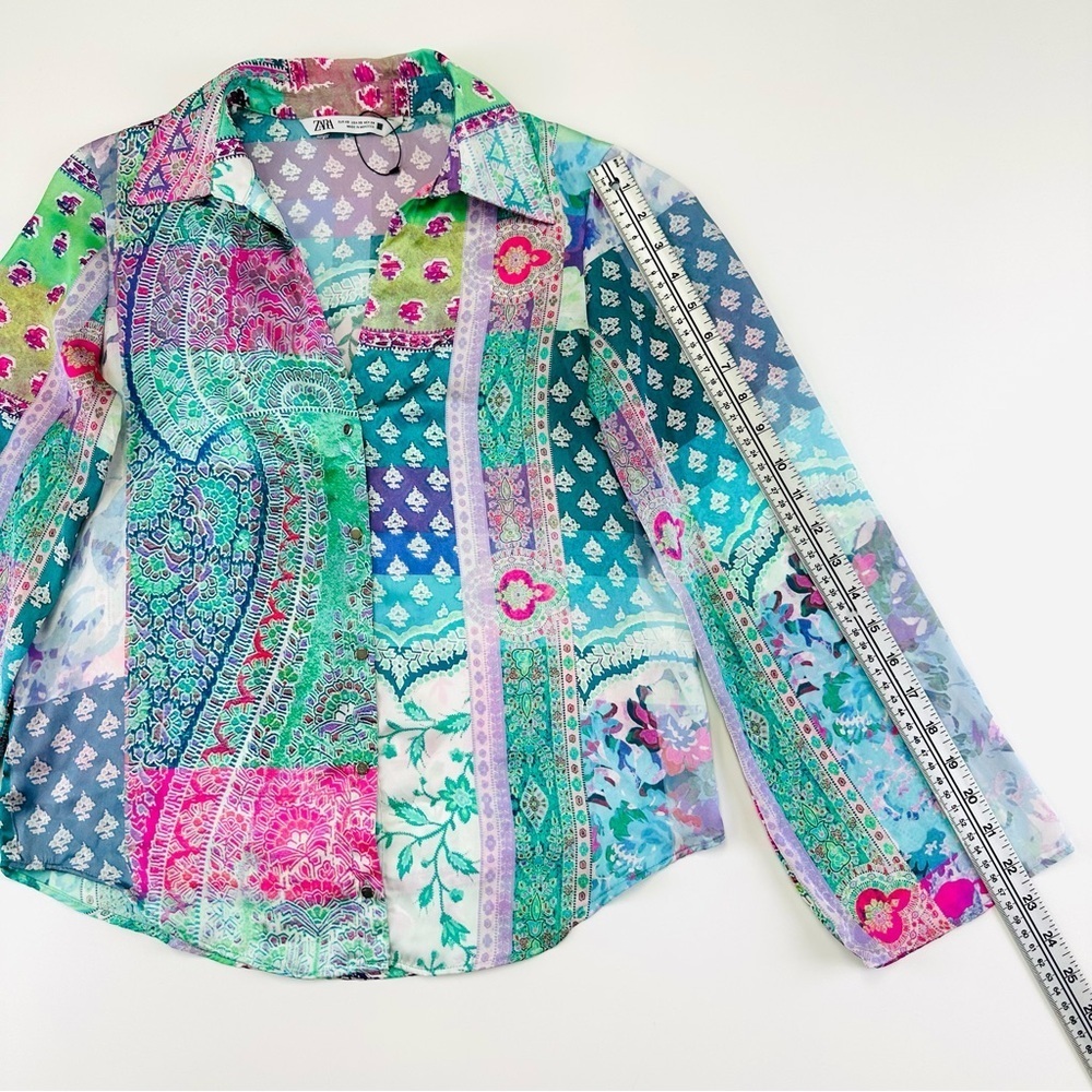 Zara bright patchwork blouse XS Oversize pink turquoise print button up Bohemian - Picture 5 of 11